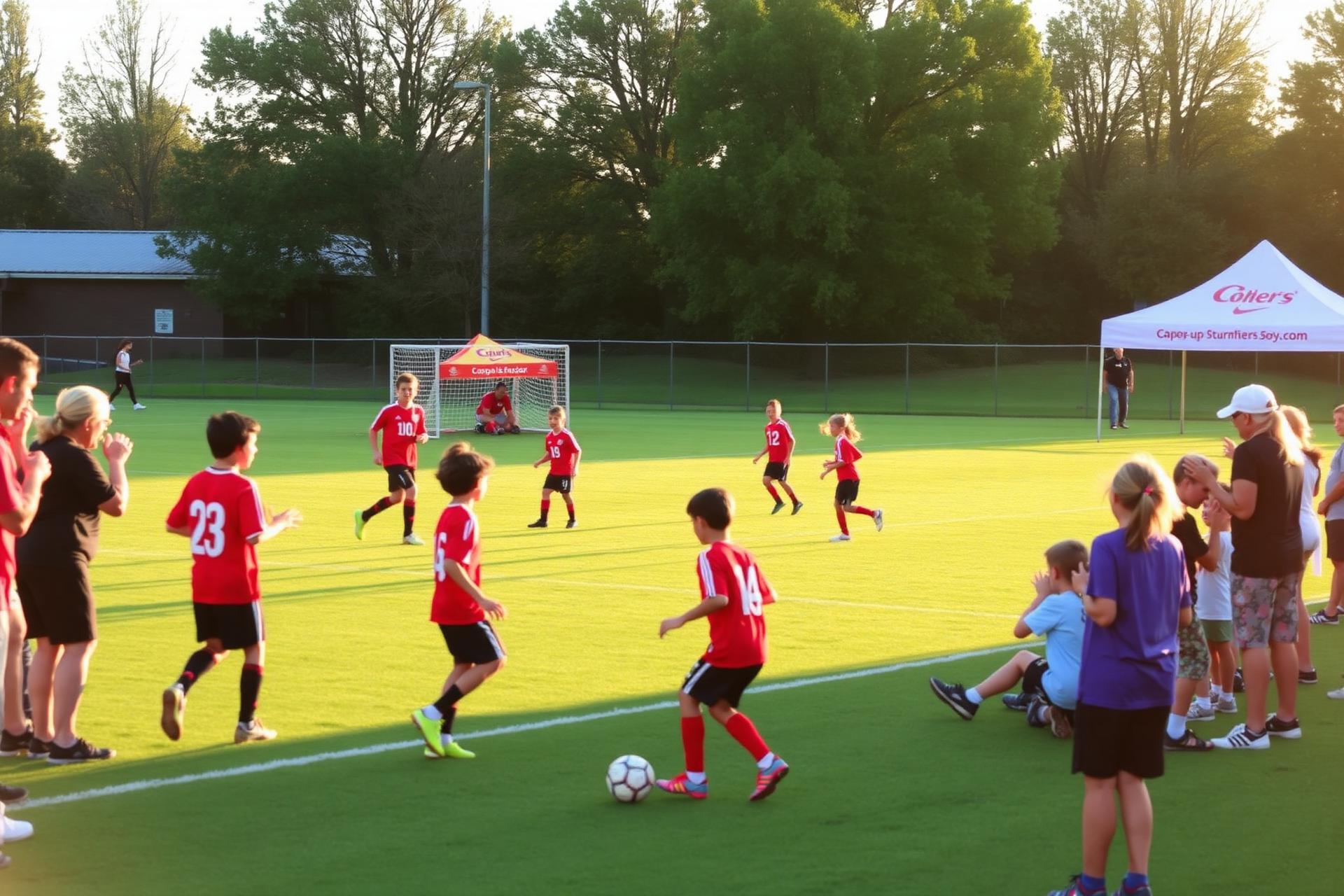 Youth community soccer game with families cheering on the sideline