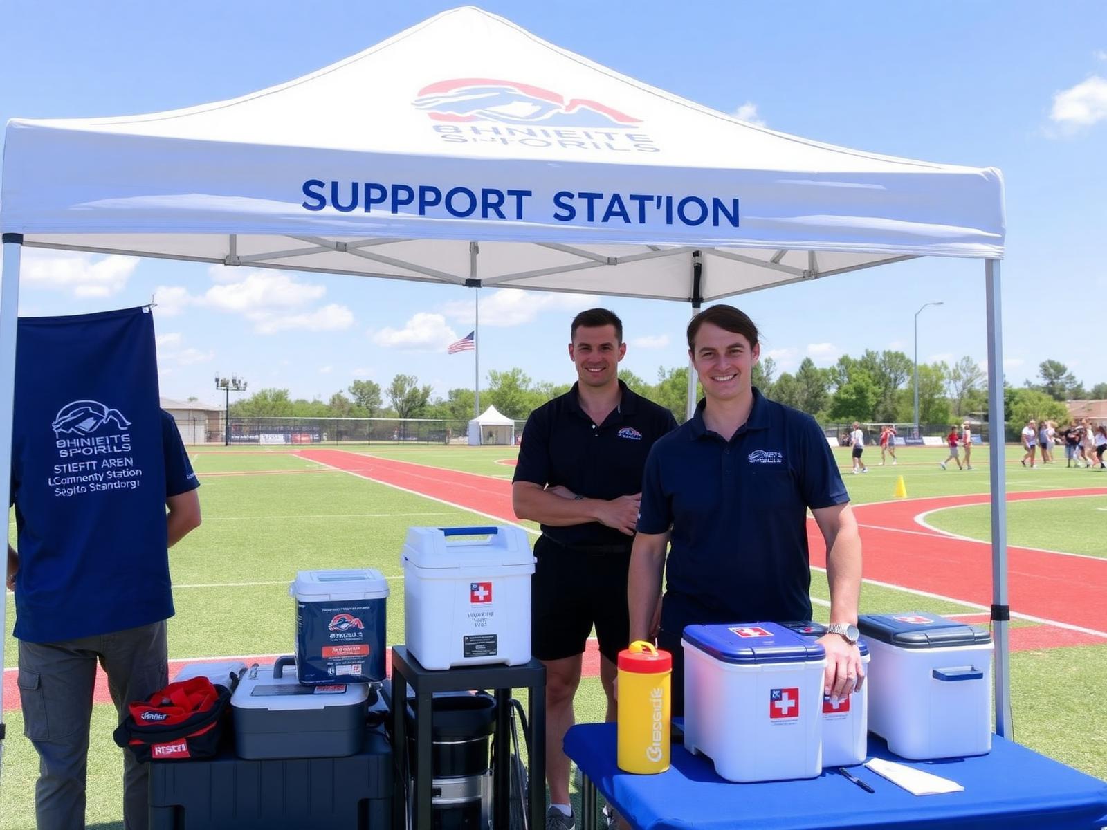 A branded PlayWell support station at a community sports event